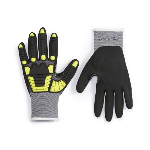 Amazon Basics Safety Work Gloves, Cut Level A1, Abrasion ANSI Level A4, Impact Protection, Touch Screen Friendly, 15G Sandy Nitrile Palm, Yellow, Size XX-Small, Pack of 120 Pairs - size: 2X-Small