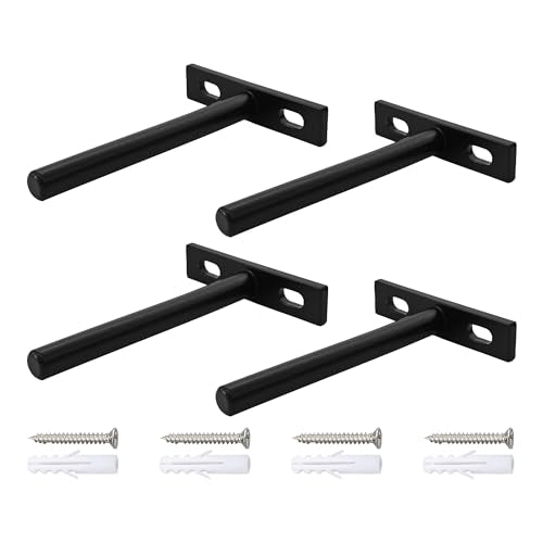 4Pcs 4 Inch Black Floating Shelf Brackets, Heavy Duty Hidden Shelf Supports, Concealed Blind Shelf Support for Wood Shelves DIY Home Decor, Includes Screws and Wall Plugs - size: 4 Inch
