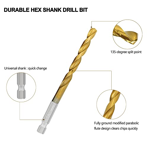 GMTOOLS 13 Pcs Titanium Coated Twist Hex Shank Drill Bit Set, 135 Degree Tip HSS Impact Drill Bit Set with Storage Case for Metal, Aluminum, Steel, Wood, Plastic, Quick Change Design 1/16" to 1/4" - style: 13PCS