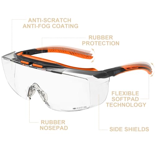 HTS HUNTERSKY ANSI Z87.1+ Anti Fog Fit Over Eyeglasses Safety Glasses Up to 1.88 inch 99.9% UV Protection OTG Lab Goggles - color: 3906c Black-orange / Clear Lens