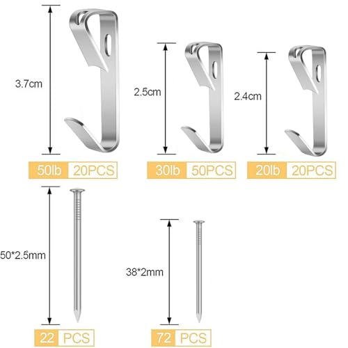 210Pcs Picture Hanging Kit with 20LB/30LB/50LB, Wall Hook with Nails for Hanging Picture, Metal Hangers Hook for Drywall & Wooden Wall - color: Silver