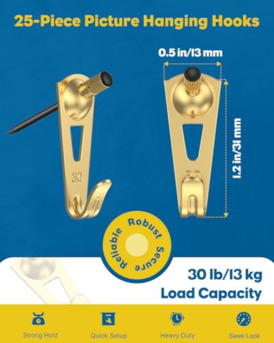 Uniclife 25 Pcs 30 lb Heavy Duty Picture Hangers for Drywall & Wood, Picture Hanging Hooks with Nails, Picture Hanging Hardware, Frame Hooks Picture Hooks for Hanging Photos Mirrors Paintings - size: 25 PCS, style: Gold