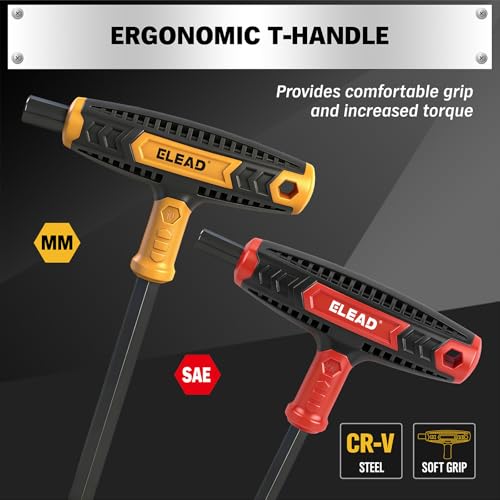 ELEAD 14-Piece T-handle Allen Wrench Set, Metric 2.5mm-10mm & SAE 1/8"-3/8" Portable Hex Key, Long Arm Allen Key Set with Storage Box for Basic Home Repair and Mechanical Maintenance - style: T-Handle Version