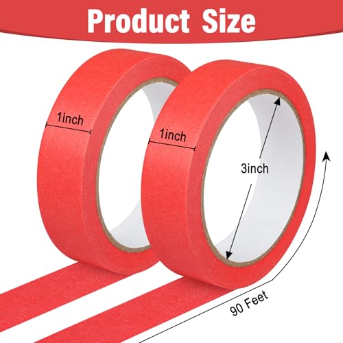 2 Pack Red Painters Tape - Red Masking Tape 1 Inch Wide - Multi-Surface, Smart Adhesion, Indoor & Outdoor - Paint Tape for DIY, Labeling, Art, Car, General Purpose - 180FT Total - color: Red