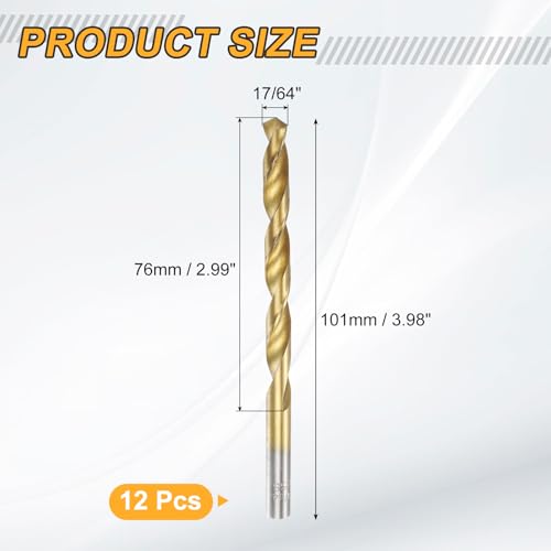 uxcell 12pcs Titanium Twist Drill Bit 17/64" Drilling Dia High Speed Steel Drills for Hardened Metal, Stainless Steel, Cast Iron, Wood, Plastic - size: 17/64 inch