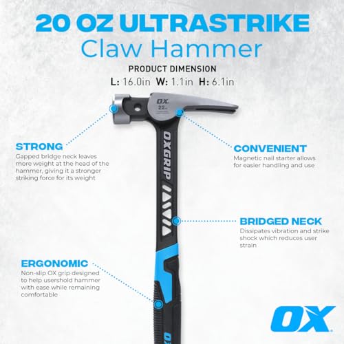 OX Ultrastrike 20oz Anti Vibe Framing Claw Hammer, Martillo de Construccion - size: 20-oz, Smooth Face