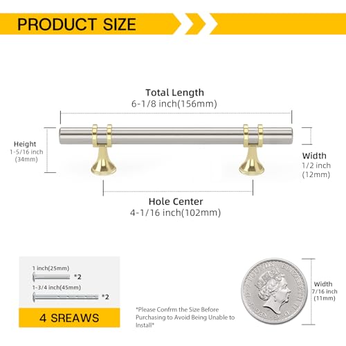 Rergy 10 Pack 4 Inch Hole Center Brushed Nickel and Gold Cabinet Pulls - color: Brushed Nickel&Gold, size: 4-1/16in Hole Center(102mm)