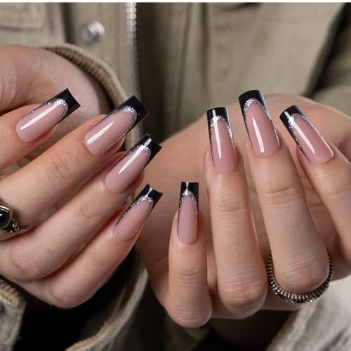 CurvLife Long Square Press On Nails, Noir Shine Black, Soft Gel - color: Noir Shine