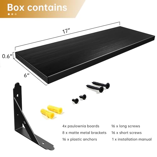 ROMGUAR CRAFT Wood Wall Floating Shelves Set of 4, 17" x 6" - Black - color: Black, size: 17" x 6"