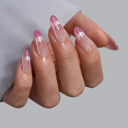 BTArtbox Press On Nails, Rosy Dew, Medium Almond, Pink Cat Eye, 30Ct - color: A1-Rosy Dew
