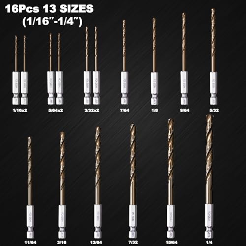 Hex Shank Cobalt Drill Bit Set for Metal & Steel,16Pcs 1/16-1/4 - size: 16pcs 1/16-1/4