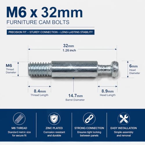 10PCS 32mm Cam Bolts for Furniture, Threaded Cam Connector Bolts - size: 32mm