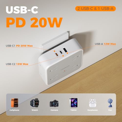 TESSAN PD 20W Surge Protector Outlet Extender with 8 Outlets Wall Charger - color: Grey, size: 1 USB-A+2 USB-C