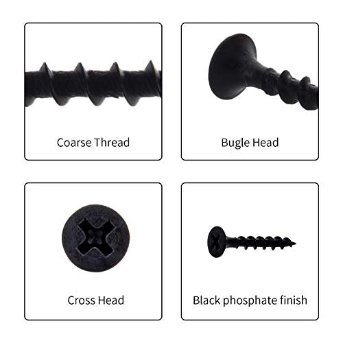 380pcs Drywall Screws Kit, 8 Sizes Wood Screws, Black Steel Drywall Screws Phillips Bugle Head and Black Phosphate Finish Self Tapping Screws Assortment for Wood Drywall Sheetrock