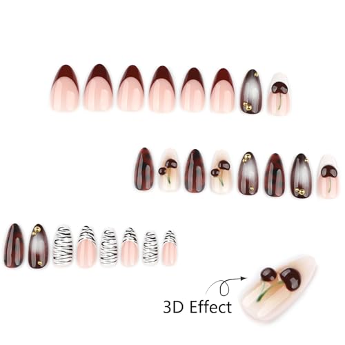 Mivota Medium Almond Press On Nails Leopard Cherry Zebra Design, Brown Nude Glossy Reusable Acrylic Look False Nails, Trendy Stylish Long-Lasting Fake Nail Set for Women 24PCS - color: 3D-65 Red White French Cherry