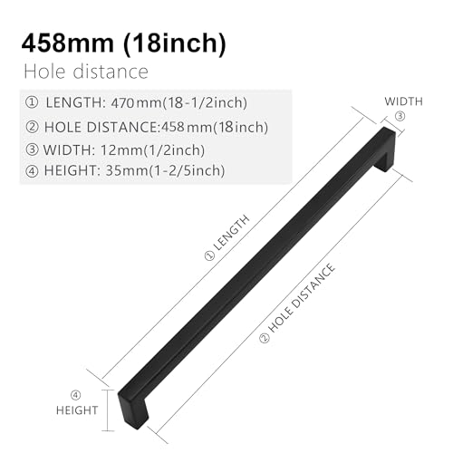 Cabinet Pulls Matte Black Cabinet Handles Square Drawer Pulls, 10 Pack 18 Inch Stainless Steel Kitchen Door Cupboard Cabinet Handles, Drawer Hardware Handles, 458mm Hole Centers - size: 18 inch Hole Centers(458mm)