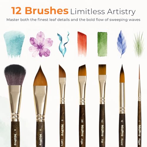 Nicpro 12PCS Professional Watercolor Brushes Set, Travel Paint Brushes - size: 12 PCS
