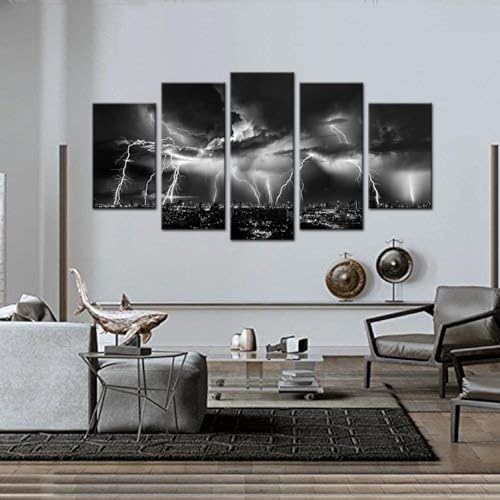 Biuteawal - Black and White City Wall Art Nature Lightning Strikes in The Clouds Painting on Canvas Storm Cityscape Picture Print for Home Office Bedroom Decoration - size: W60"xH32"