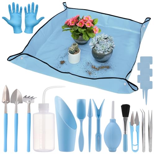 ANPHSIN 20pcs Small Gardening Tools Gifts for Women Beginners, Blue | Garden Hand Tools Set for Indoor Succulent Bonsai Plants Transplanting, Included 39" Plant Repotting Mat/Mini Shovel/Labels - color: Blue