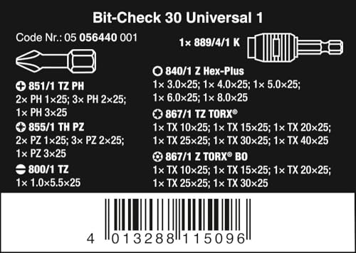 WERA 05056440001 Bit Check Set BC Universal/30 Piece Set 1-BiTorsions Rapidaptor 897/4 and 29 Bitorsions Bits by WERA