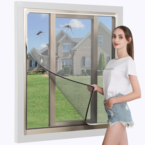 Magnetic Window Screen, Max 71 x 49 Inch DIY Cut-to-Fit Fiberglass Mesh Replacement Kit for House Windows, Strong Magnetic Seal, No-Drill Installation, White Frame with Gray Mesh - size: 71"x49"(180x125cm)