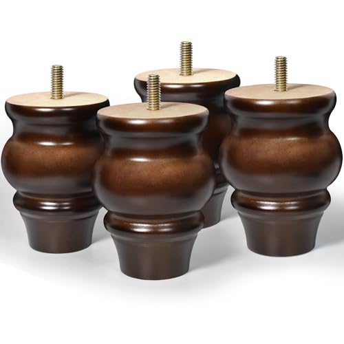 Furniture Legs, Wood Sofa Legs, Turned Couch Legs, Round Furniture Feet for Dresser, Sideboard, Recliner, Coffee Table (Dark Brown, 4 inch) - size: 4 inch