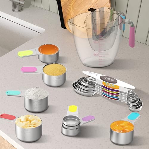 Measuring Cups and Spoons Set for Cooking & Baking, 5 Stainless Steel Magnetic Measuring Cups, 3 Plastic Measuring Cup, 7 Magnetic Measuring Spoons, 1 Leveler, 1 Measuring Conversion Chart