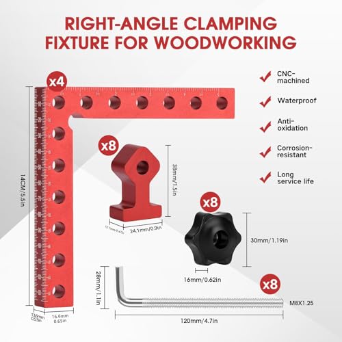Neddie 90 Degree Corner Clamps for Woodworking, 4-Pack 5.5-Inch Squares | Anodized aluminum, 8 L-bolts with adjustable blocks, up to 3.5 in, dual-unit scales, case, cabinets, drawers, boxes, frames