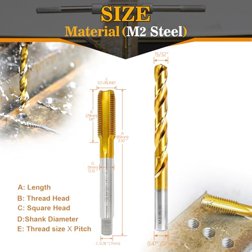 1/2"-28 UNEF Tap and 15/32" Drill Bit for Metal,M2 HSS Drill and Tap Set - size: 1/2"-28 Tap, 15/32" Drill