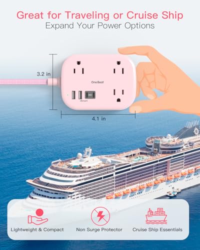 Cruise Essentials 2026, Travel Power Strip with USB C,Flat Plug, Pink - color: Pink, size: 10Ft