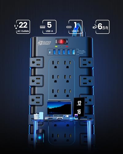 SUPERDANNY Flat Plug Power Strip Surge Protector, 6.5Ft, 22 AC 6 USB, 2100J - color: Black, size: Flat Plug - 6.5 ft