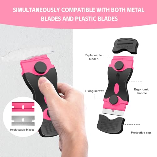 3 Pack Razor Blade Scraper Set, Includes 30 Plastic & 30 Metal Blades(Pink) - color: Pink