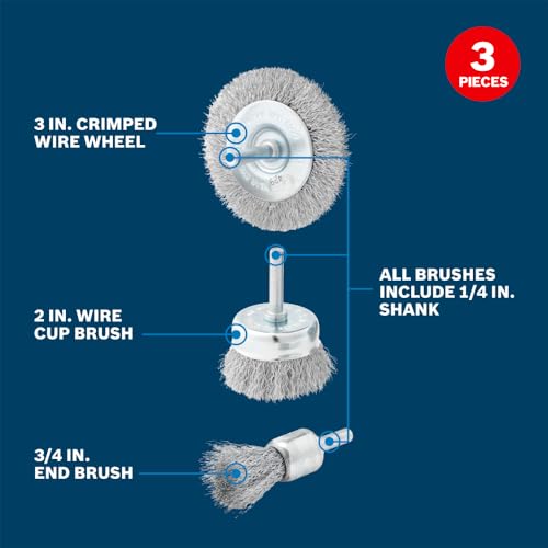 BOSCH WB025V3 3-Piece Wire Brush Set - Crimped Wire Wheel, End Wire Brush & Wire Cup Brush for Efficient Paint, Varnish & Rust Removal - Compatible with Drill/Drivers for Easy Surface Preparation