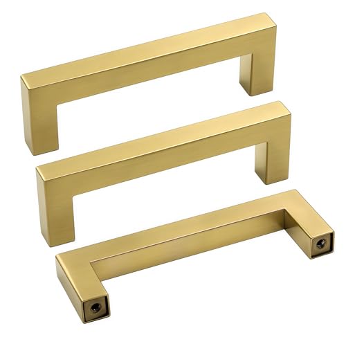 Goldenwarm Gold Cabinet Pulls Kitchen Cabinet Door Handle - LSJ12GD90 Brushed Brass Drawer Pulls 3.5 Inch Hole Center Modern Square Cupboard Handles Hardware Dresser Knobs 25 Pack - color: Gold, size: 3-1/2in Hole Centers