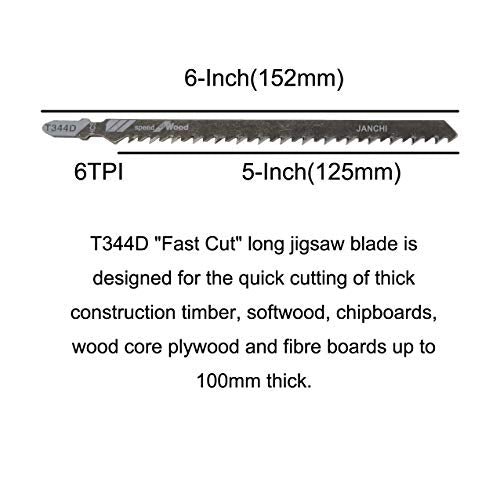 20Pack T344D Long Jigsaw Blades Set, HCS 6-Inch 6TPI T-Shank Contractor Straight-Cut Jig Saw Blade Designed for Quick Cutting Thick Construction Timber, Softwood, Chipboards, Wood Core Plywood