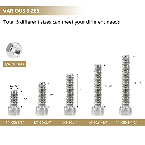 58 Pieces 1/4-20 x 1/2", 3/4", 1", 1-1/4", 1-1/2", Hex Socket Head Cap Screws Nuts Assortment Kit, 304 Stainless Steel, Fully Machine Thread - size: 1/4"-20, style: Socket Head