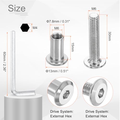 HARFINGTON 10 Set M6x30mm Hex Drive Socket Cap Bolt and M6x15mm Nuts with M4 Hex Wrench, Furniture Connector Bolts and Screws for Furniture Countersunk Belt, Silver - size: M6x30mm, M6x15mm