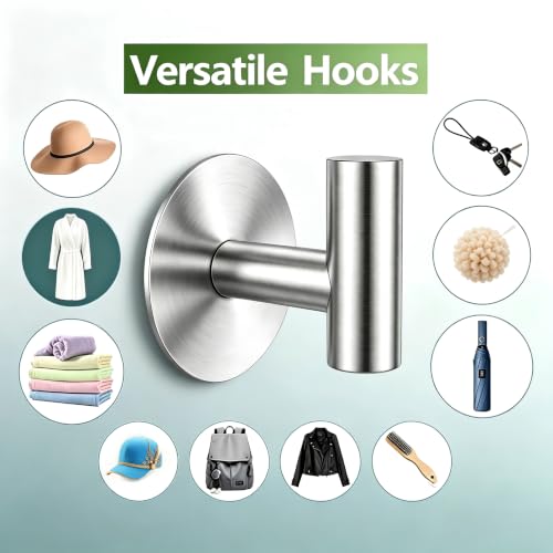 Heavy Duty Self-Adhesive Coat Hooks, Stainless Steel Towel Hooks for Bags, Towels, Robes, Hats, Aprons – No Drill Bathroom, Kitchen, Hotel Wall Hooks (2 Pack, Silver) - color: Silvery, size: Adhesive "T" Shape- 2 Pack
