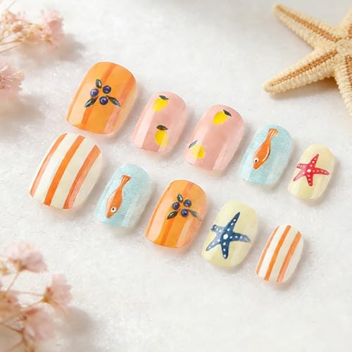 Summer Press On Nails Short Almond Colorful with Starfish Lemon Stripes - color: Style10