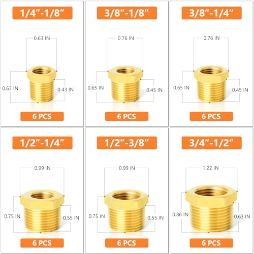 GASHER 36PCS Brass Hex Bushing Fitting Kit Hex Bushing 1/4" - 1/8", 3/8" - 1/8", 3/8" - 1/4", 1/2" - 1/4", 1/2" - 3/8", 3/4" - 1/2" - style: Hex Bushing Kit（36Pcs）