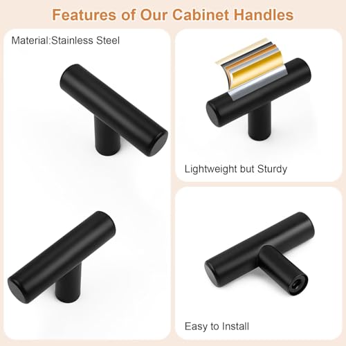 Probrico 30 Pack Length 2inch Matte Black Kitchen Cabinet Knobs,Stainless Steel Dresser Drawer Knob,Euro Style Single Hole Pull Handles for Cupboard and Closet - size: Single Hole: 2 inch