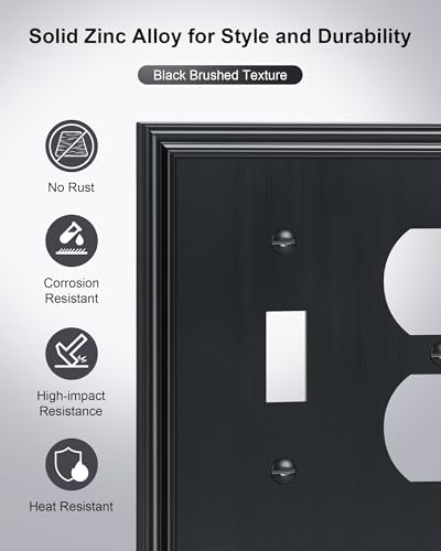 2-Pack Zinc Alloy Combo Toggle/Duplex Light Switch Cover Plate - color: Black, size: 1 Toggle/1 Duplex 2PK