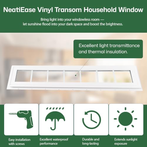 NeatiEase Vinyl Transom Window, 12" x 60" Fixed Glass Household Windows with Grids and Dual-pane Tempered Glass for House, Shed, Doors, Garage, Chicken Coop, Basement (White) - size: 12"x60"