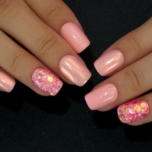 CurvLife Short Glitter Press On Nails, Shimmery Peach Pink, Soft Gel - color: Shimmery Peach Nails