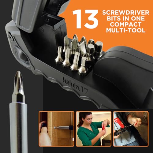 Kelvin Tools - Kelvin 17 Urban Screwdriver Set, All in One Everyday Multitool Screwdriver, Multi-Tip, Compact & Universal Precision, 13 Bit Set with Tape Measure, Liquid Level, Hammer and Flashlight - color: Orange