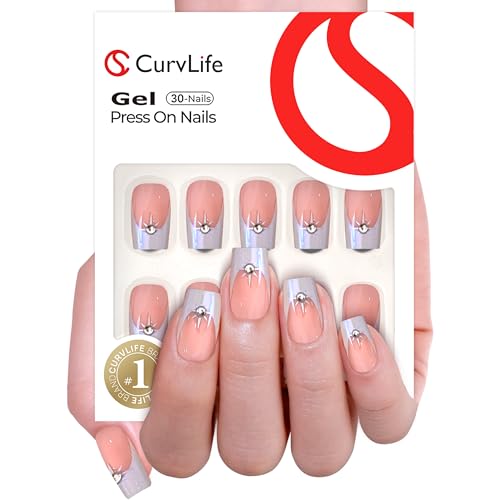 CurvLife Long French Tip Press On Nails, Pearl Rhinestones, Soft Gel - color: Pearl French Rhinestones