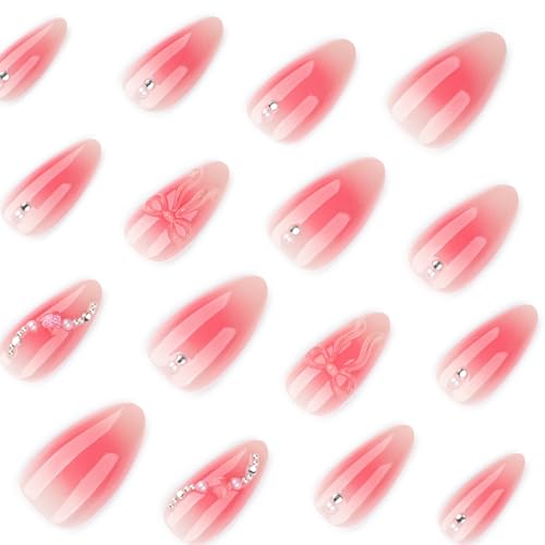 Mivota Pink Ombre Soft Gel Press On Nails 24PCS – 3D Bow Almond Fake Nails with Rhinestones, Glossy Reusable Glue On Nails for Women, Salon Quality Cute Natural Gradient Nail Tips - color: 3D-61-Red Gradient Bow