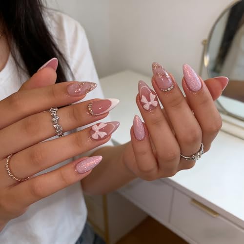 French Tip Almond Press on Nails Medium Pink Fake Nails 3D Bow Diamond Glitter Designs,Cute Reusable Artificial Nail Full Cover Stick on Nails for Women Manicure 24Pcs - color: 3d bow french pink glitter