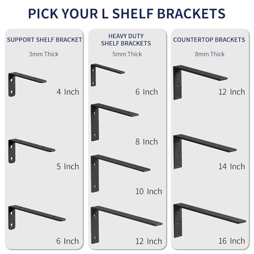 LSK 6PCS Countertop Bracket, L 16"×H 6", Heavy Duty Shelf Bracket, Black - color: Black, size: 16x6 inch (max duty)