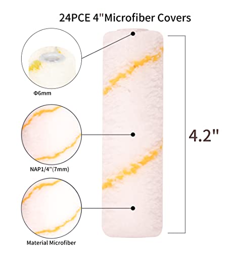 Voomey Microfiber Paint Roller Covers 4 Inch，1/3" Nap Mini Paint Roller Covers, Pack of 24,Small Paint Roller for Painting, Home Painting Supplies - size: 4 inch 24pcs